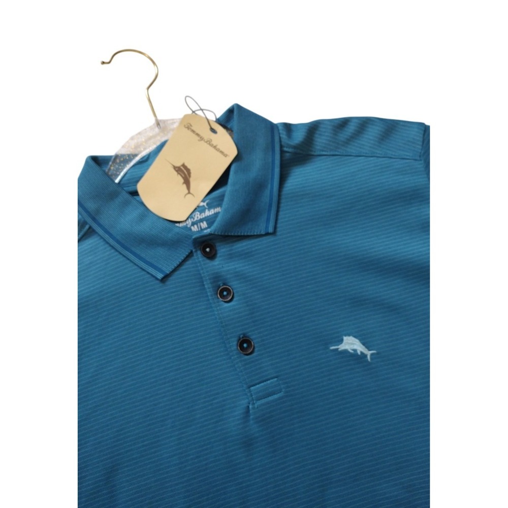 Tommy Bahama Polo Shirt Man's M Myka Blue Stripe Golf Beach Outdoors Colorful